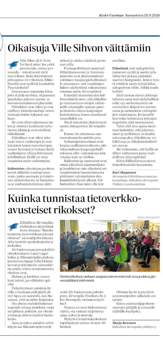 Kirjoitus Keski-uusimaa 20.9.2026 Kari Haapanen ja Marja Kosonen